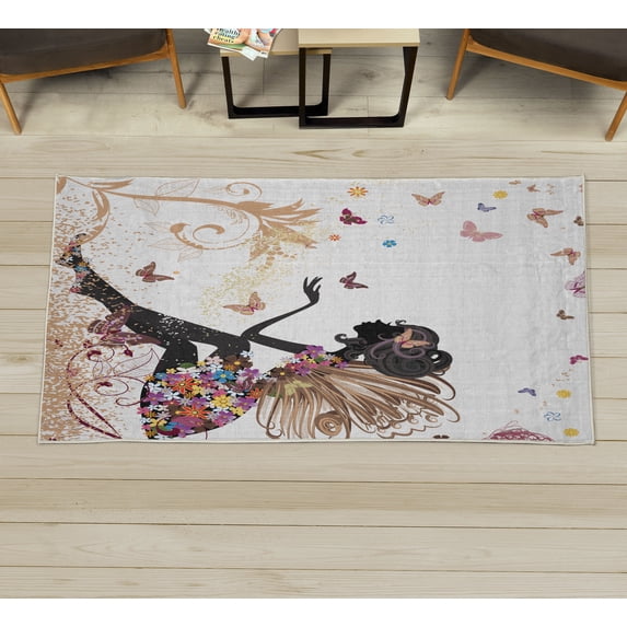 Fantasy Decorative Rug, Spring Girl Wings in a Floral Dress Surreal Garden Butterflies Print, Quality Carpet for Bedroom Dorm and Living Room, 6 Sizes, Almond Black, by Ambesonne
