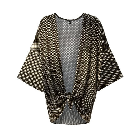 Multi Print Sweater - WT1577 Womens Printed Kimono Shawl Cardigan Top - Made in USA OS Brown_Polka