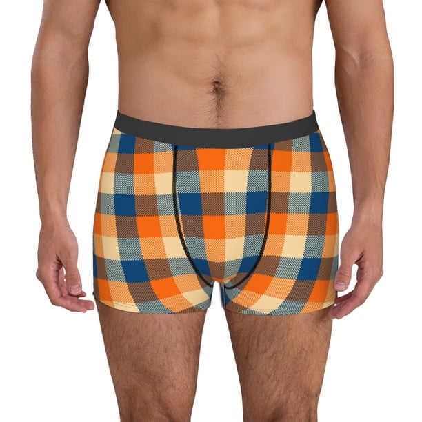Balery Warm Orange Plaid Calzoncillos bóxer para hombre, ropa interior de algodón suave y transpirable con cinturilla de nailon-Small