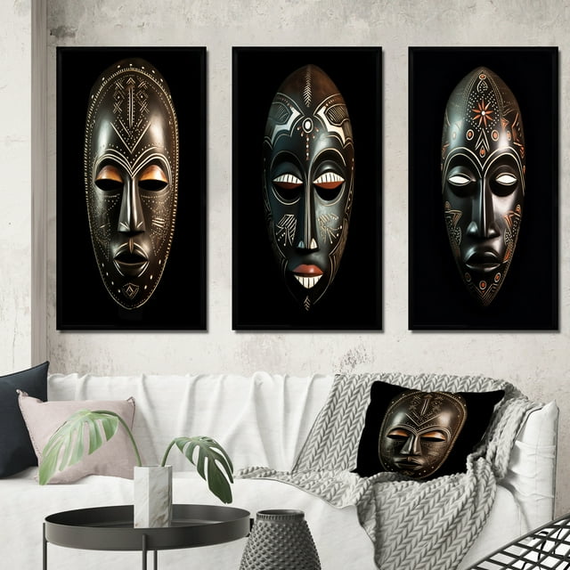 Designart "Traditional African Mask Ethnically Crafted IX" African Tribal Framed Wall Art Set Of 3 - Black African Tribal Frame Gallery Wall Set For Home Decor
