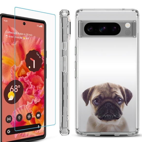 OneToughShield ® Compatible with Google Pixel 8 Pro, Shockproof Phone Case, with Tempered Glass Screen Protector - Pug Face