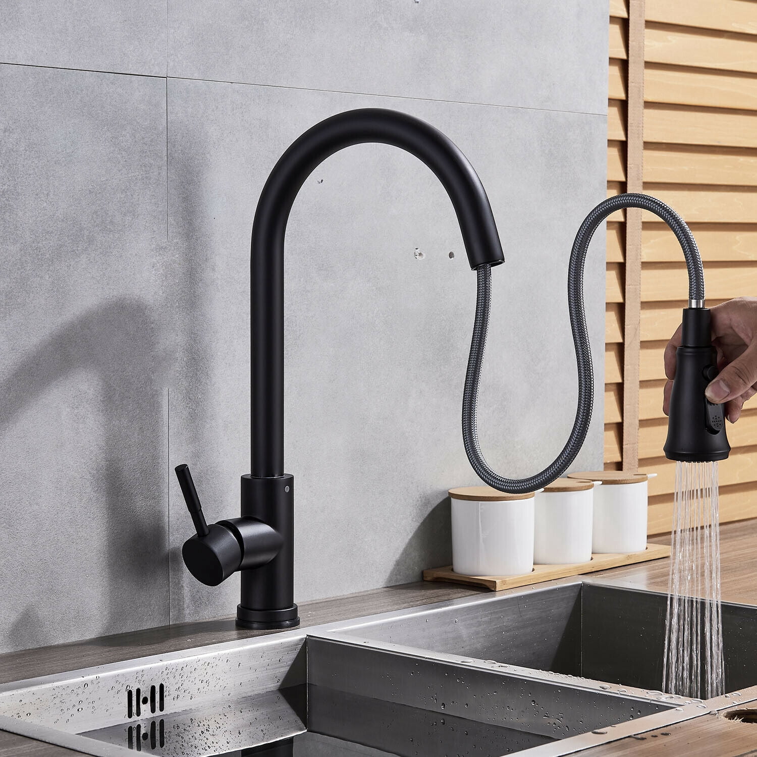 Black Sensor Touch Kitchen Sink Faucet Pull Out Sprayer Mixer Tap