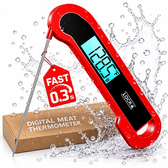 Ultra-Fast Digital Meat Thermometer with Battery, 0.3 Sec Instant Read Food Thermometer, ±0.5°F Precision, Auto-Rotating Backlit Display, Waterproof Probe for Grill BBQ Air Fryer, Red
