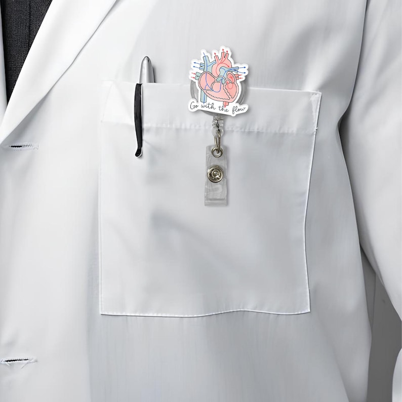 TiniDecor Go With the Flow Heart Badge Reel, Anatomical ID Holder, Cute Gift for Nurses, Med Techs