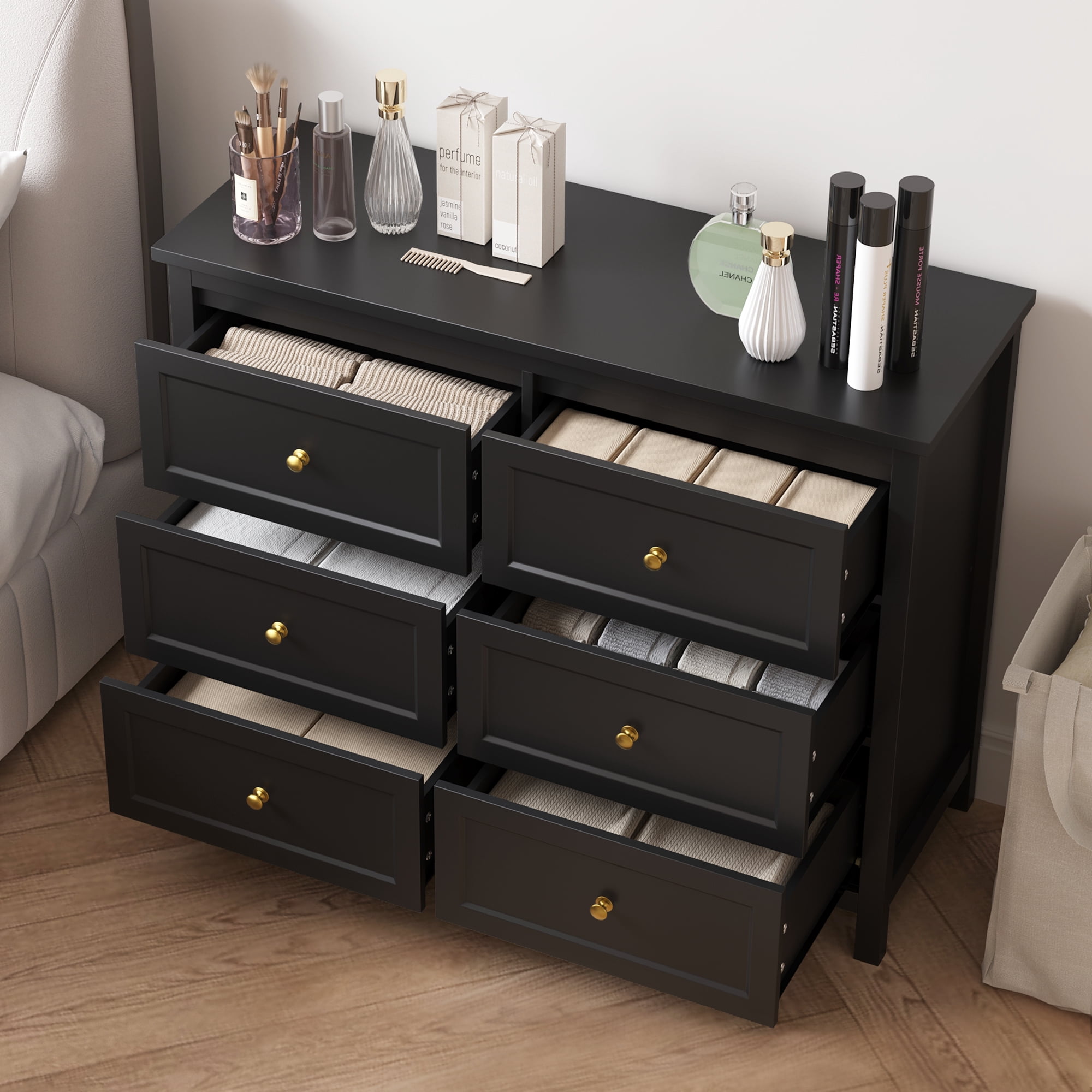 DIYART 6 Drawer Dresser for Bedroom, 41" Wide Large Chest of Drawers with Golden Handles, Modern Modern Bedroom Storage Dresser for Closet and Living Room, Black