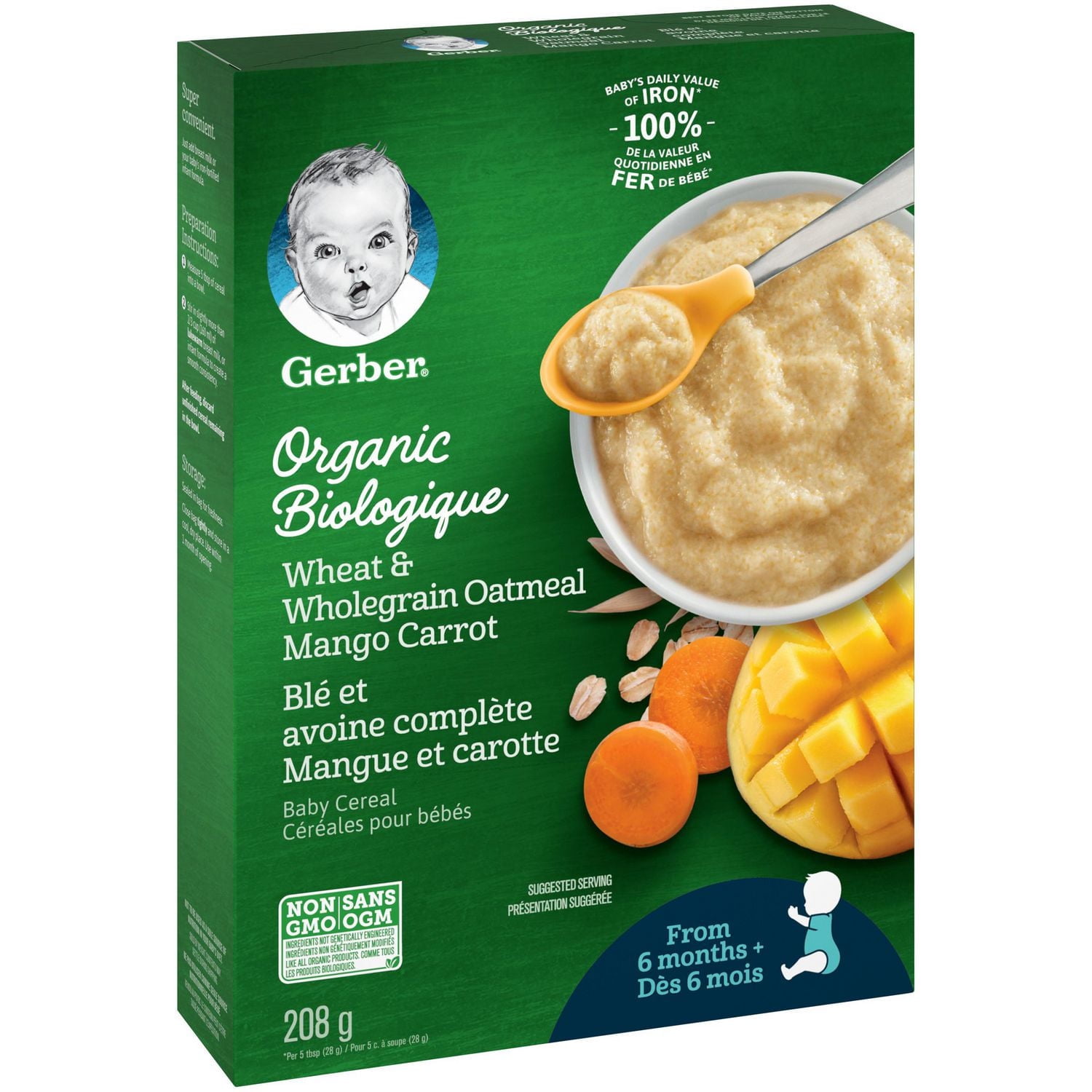 GERBER® Organic Wheat & Wholegrain Oat Mango Carrot, Baby Cereal 208 g
