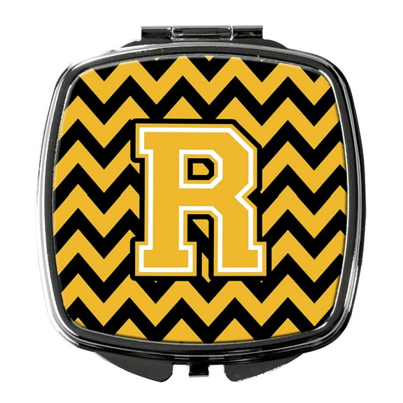 Letter R Chevron Black and Gold Compact Mirror
