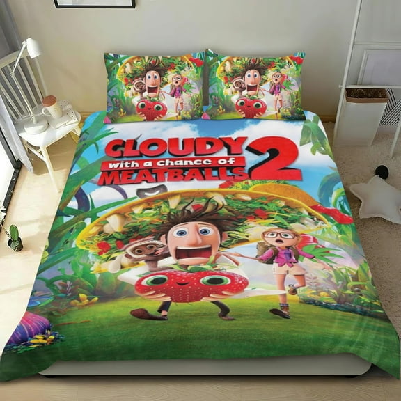 Cloudy with a Chance of Meatballs Themed Bed Sheet Set Three Piece Set 53x79 In ches Comfortable And Skin Friendly Unique Design Creating A Star Gifts For Family Friends fans