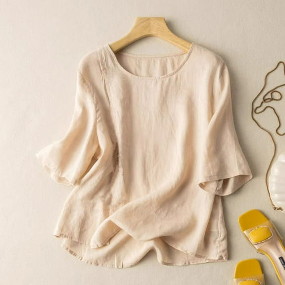 Aobny Plus Size Women's Tshirt Beige Linen T-Shirt Elbow-Length Crew Neck Womens Tops Summer,XXL