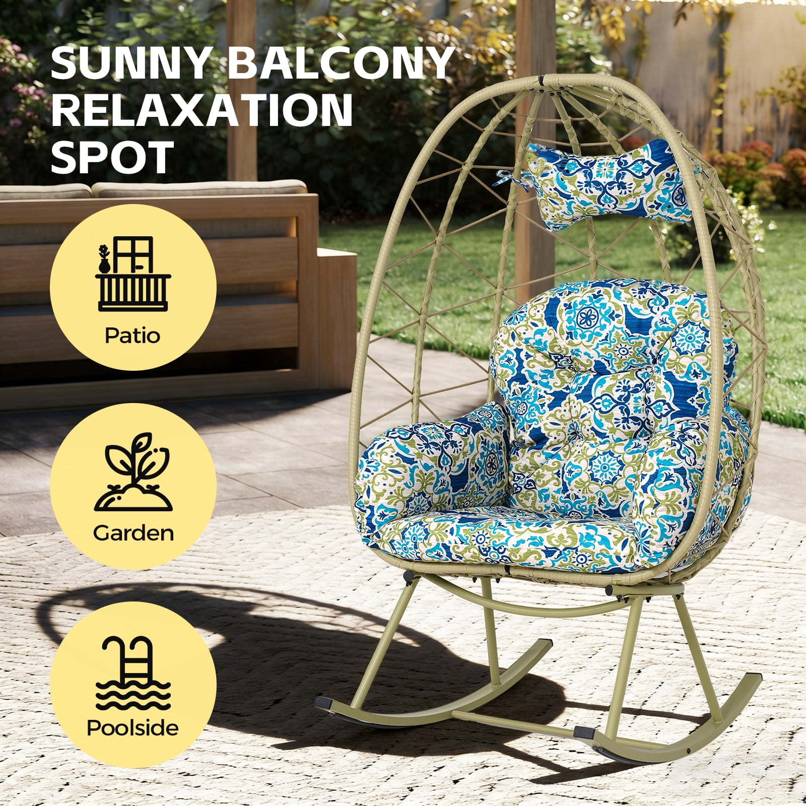 330LBS Foldable PE Wicker Egg Rocking Chair, Cocoon Lounge Rocker with Thick Cushion & Pillow, Weather Resistant Rattan Single Chair for Patio Balcony Bedroom Living Room Indoor Outdoor