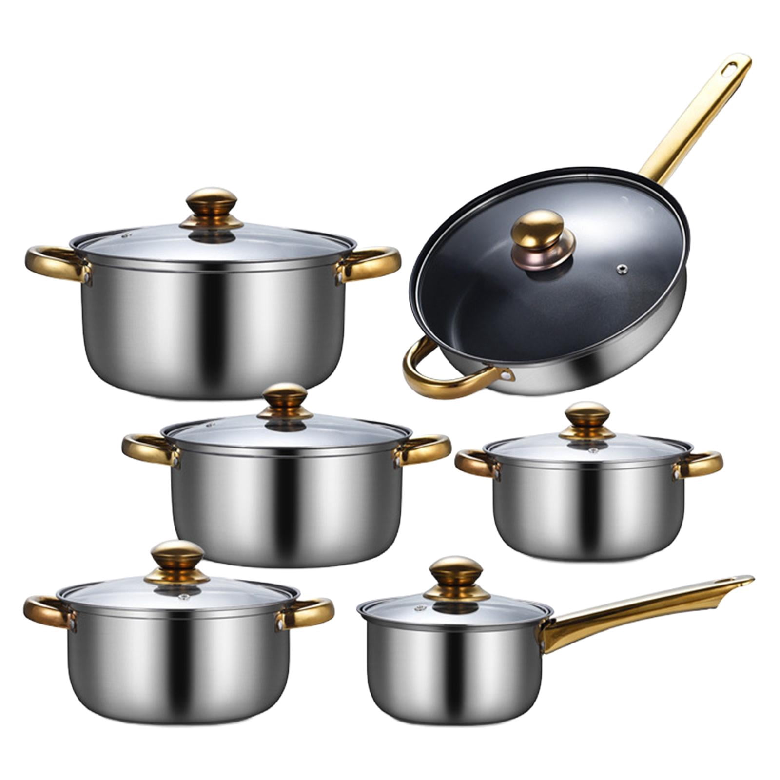 Nishiyuenyi 6x Pots and Pans Set Soup Pot with Glass Lid Nonstick Pan Cookware Set Stainless Pans with soup pot