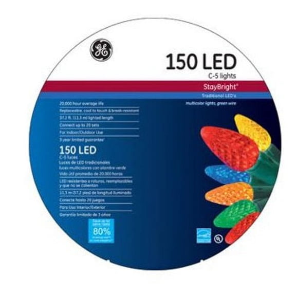 150 LED C-5 Lights Stay Bright Traditional MultiColor Lights Green Wire on Reel