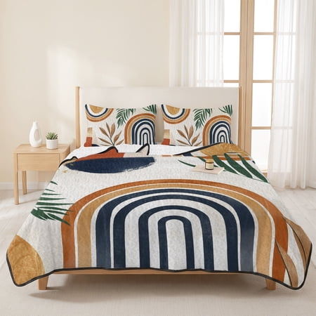 Queen Quilt Set Boho Arch Sun Tropical Leaves Lightweight Quilt Sets Summer Comforter Coverlets with 2 Pillow Shams Terracotta Aesthetic Nordic Style Breathable 3 Piece Bedding Set for All Seasons