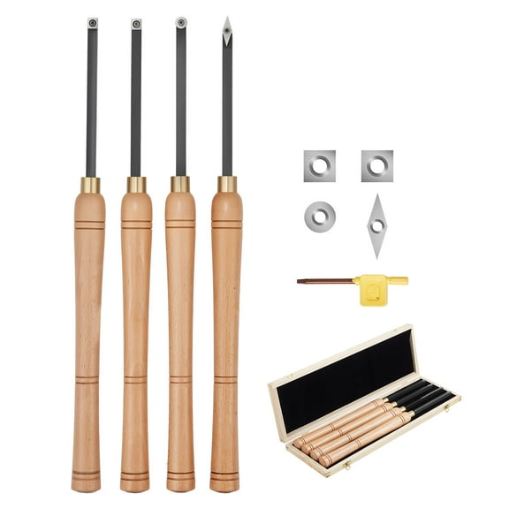 VEVOR Wood Lathe Turning Tool Set,4PCS, Lathe Roughing Finishing and Detailing Hollow Tool with Wooden Handle, Diamond Round Square Carbide Inserts, Wooden Box, for Beginners Hobbyists Professionals