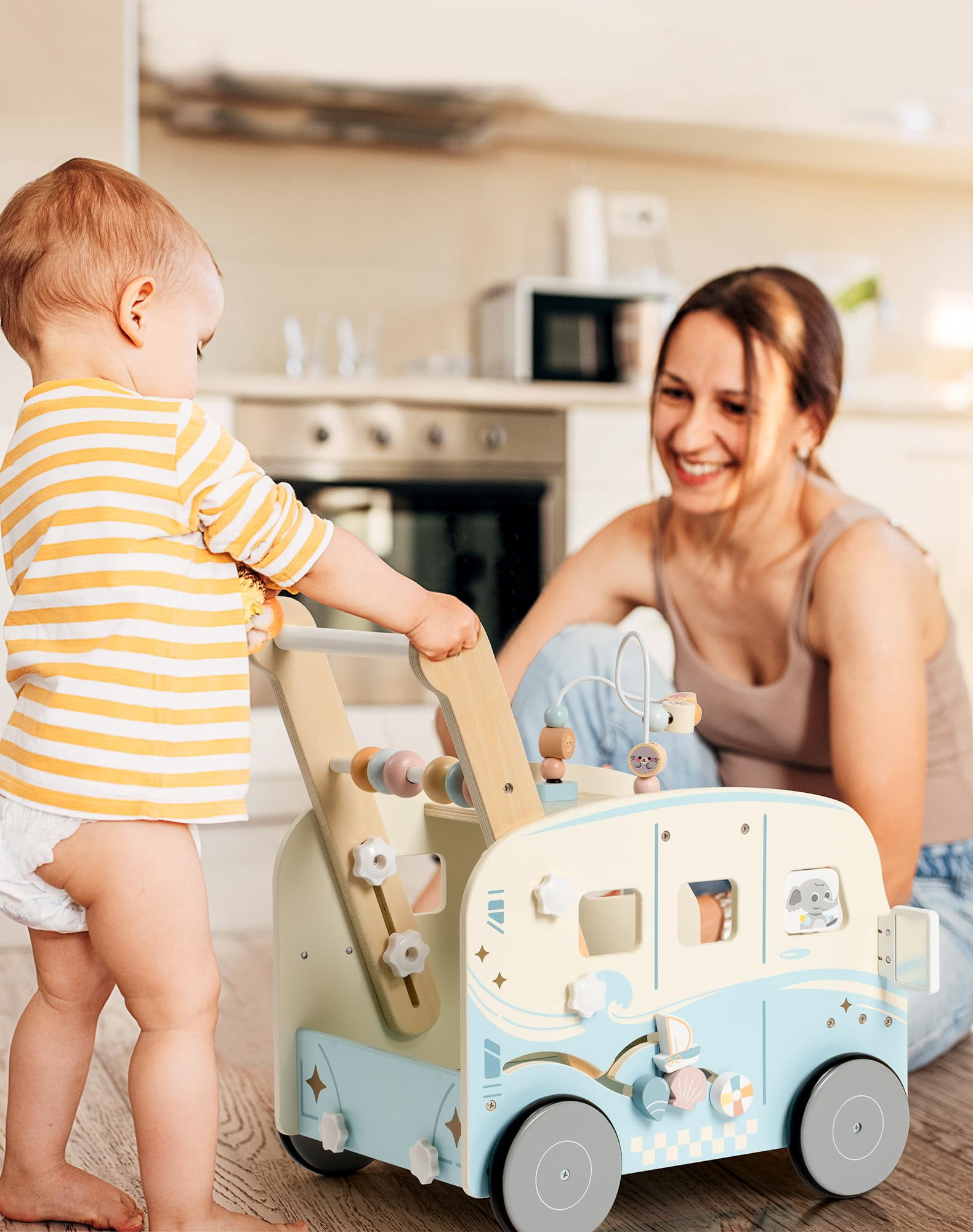 Robud Baby Push Walker Wooden Furniture Multi-Functional Toy Vacaction Bus for Boys Girls Kids Gift,Blue
