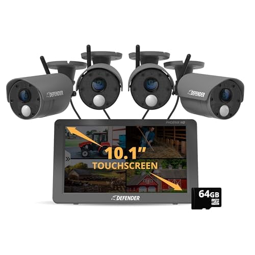 Defender Phoenix HD Wireless Security Camera System with 10.1” Touchscreen Monitor, 4 HD Outdoor Security Camera, No WiFi Required, Includes 64 GB SD Card