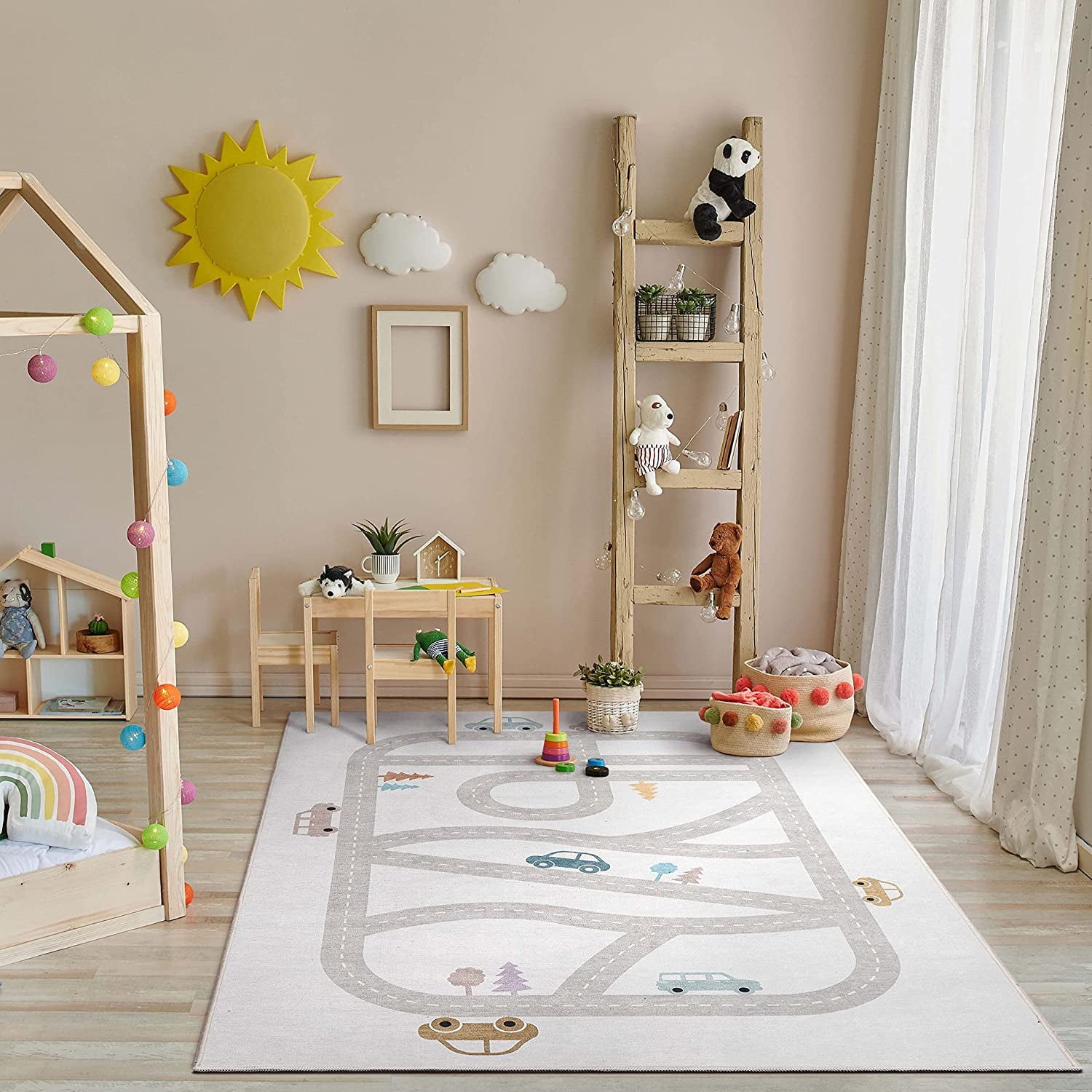Well Woven Kids Rugs Playful Roads Modern Cartoon Grey Printed Distressed Machine Washable 5' x 7' Area Rug