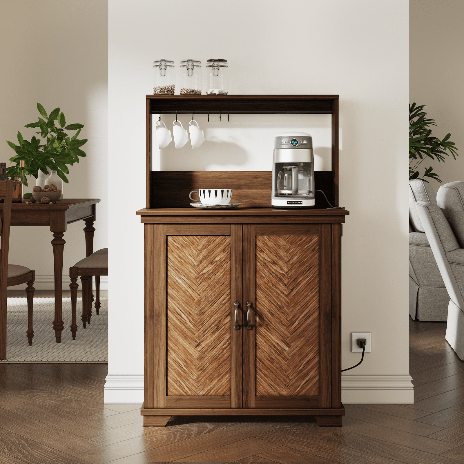JOINICE Farmhouse Coffee Bar Cabinet with Storage and Power Outlet,Small Coffee Station with Adjustable Shelf,for Dining Room,Kitchen, Living Room,Walnut