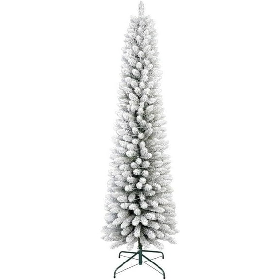 6ft Slim Flocked Pencil Christmas Tree, Snow Artificial Xmas Tree with Skinny Space-Saving Design & Hinged Branches for Home Office Decor