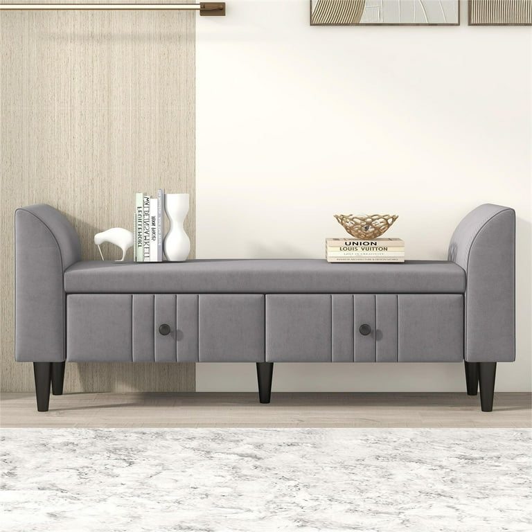 Upholstered Storage Bench with 2 Drawers Rectangular Storage Ottoman with Arms for Bedroom Living Room and Entryway 56.3