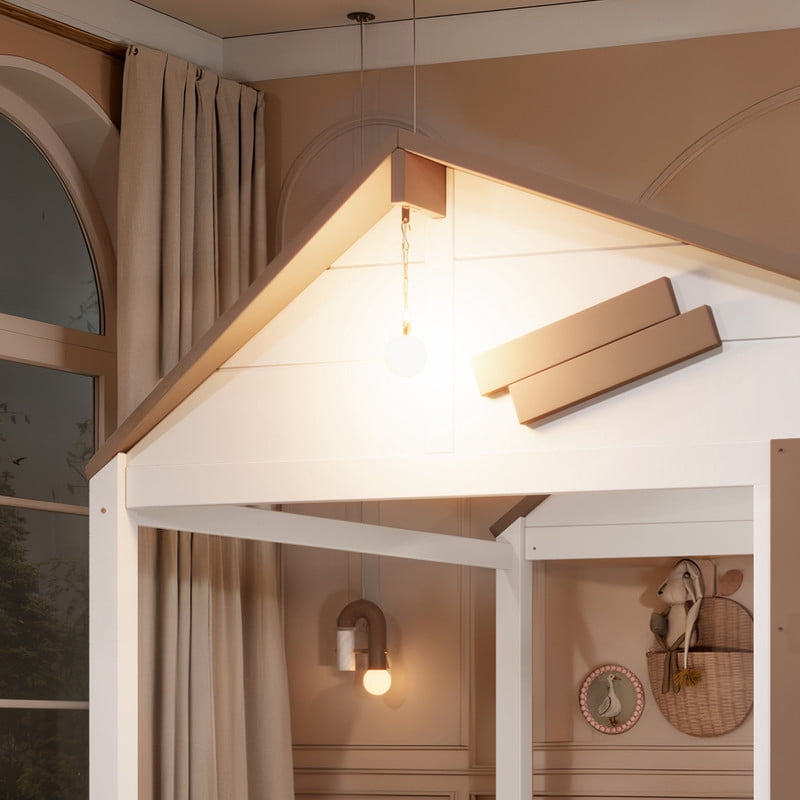Full House-Shaped Kid's Bed with Built-in Bookshelf & Light Bulb, Wooden Platform Bed Frame with 2 Drawers & 5 Round Hooks