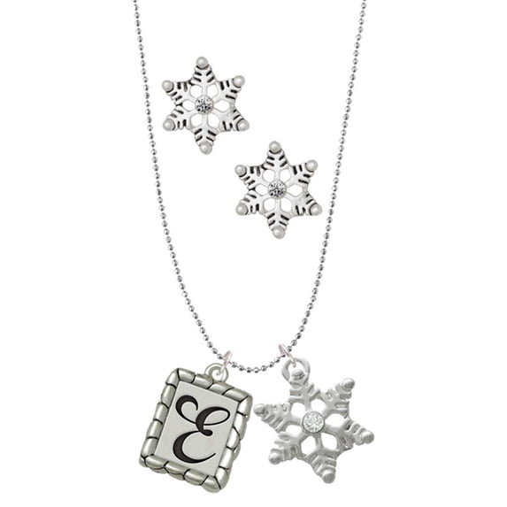 Delight Jewelry Silvertone Pebble Border Initial - E Silver tone Snowflake Charm Necklace and Stud Earrings