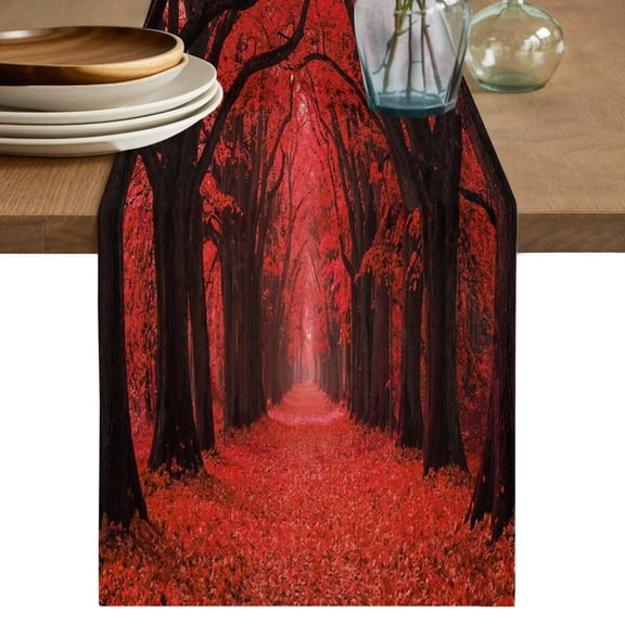 Table Runners 72 Inches Long Dress Scarves, Red Maple Trees Fall Farmhouse Kitchen/Dining Table Decor Table Runner, Coffee Tablerunners, Romantic Forest Path 13x72 Inch