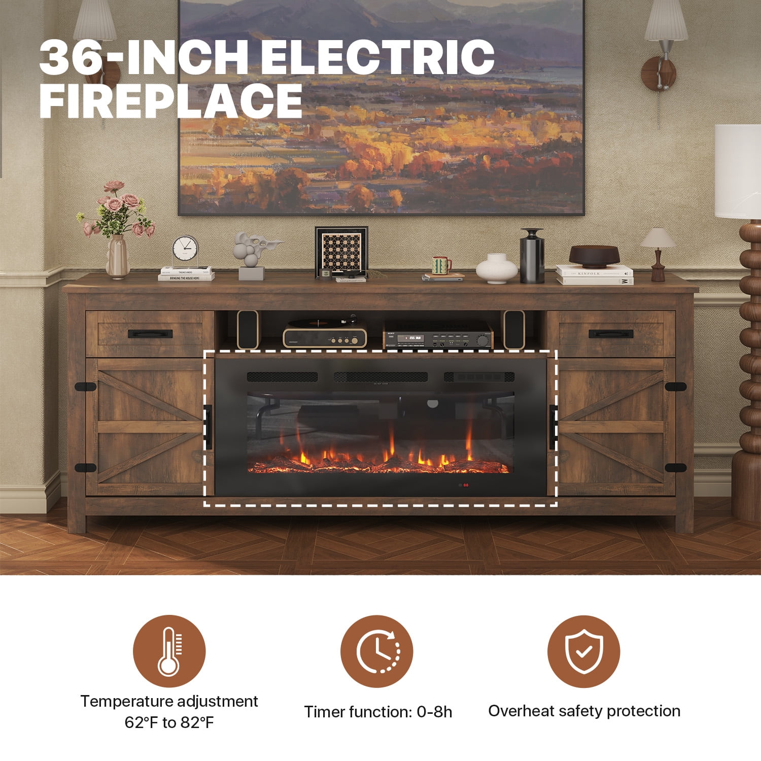 Sonegra Fireplace TV Stand with Barn Door for TVs up to 80", Farmhouse 70" Fireplace Entertainment Center, TV Console with Storage Cabinets for Living Room, Brown