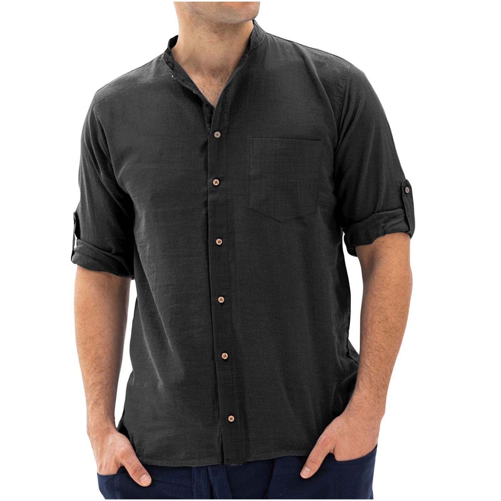 Linen Shirts for Men, Men's Cotton Linen T Shirts Short Sleeve VNeck Long Sleeve Band Collar