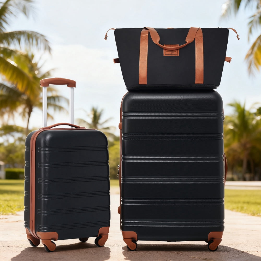 Euroco 3 Piece Hardshell Luggage Sets, 20in & 28in Suitcase Set with Compact Travel Bag,Spinner Wheels and TSA Lock, Lightweight Checked Luggage for Women Men,Black+Brown