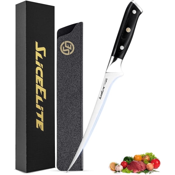 Slice Series 7.5 Inch Fillet Knife – High Carbon German Steel Boning Knife with Ergonomic Pakkawood Handle, Available with Polymer or Leather Sheath Options
