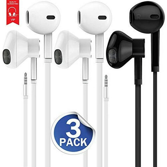 Earphones, Earbuds Stereo Headphones Compatible with Apple iPhone 6S 6 Plus 5S 5 SE 5C iPod iPad (1xBlack 2xWhite)