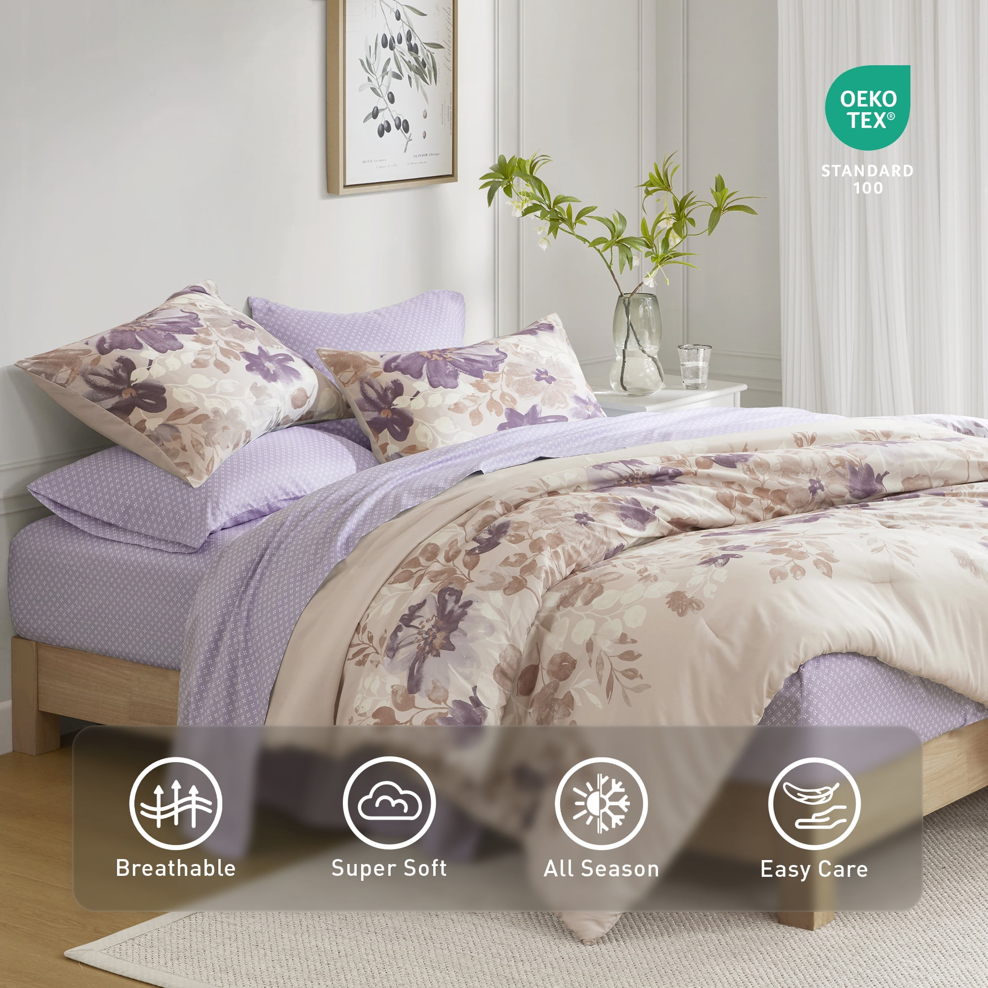 Regency Heights Queen Comforter Set with Sheets, Soft Brushed Bed in A Bag with Diamond Printed Bed Sheet Set, 7 Piece Bedding Sets with Flat Sheet and Fitted Sheet, Taupe