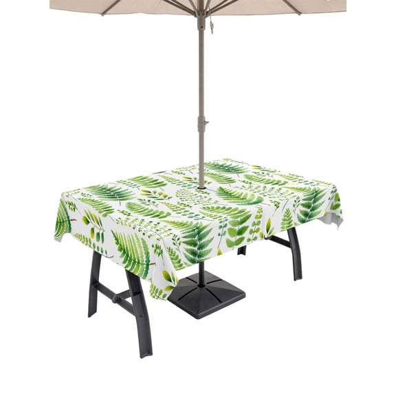 Outdoor Tablecloth with Umbrella Hole and Zipper, Spring Leaves Rectangle Table Cloth 52x70 Inch Waterproof Tablecloth, Pastoral Garden Botanical Watercolor Picnic Table Cover for Patio Camping