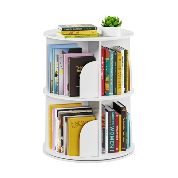 SpaceAid 2 Tier Rotating Bookshelf Tower Spinning Bookcase Lazy Susan Revolving 360 Book Shelf Storage Round Carousel Vertical Rotate Turning Spiral Corner Organizer White