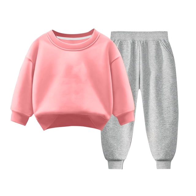 Tenues d'Automne pour Garçons Filles 3 4 5 6 7 8 9 Ans Coton Chaud Col Rond Manches Longues Chandail et Pantalon Ensembles 2 Pcs (6T, Rose 01)