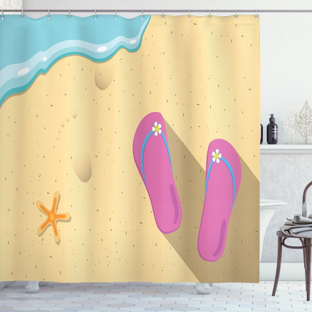 Flip Flop Shower Curtain, Pinky Beach Thong and Starfish on Grainy