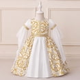 thumbnail image 2 of FINALGANG Girls Kids Scroll Print Dress Flare Sleeve Crewneck Gold Trim Decor Flared Skirt Vintage Princess Dress For Party Wear White 3-4 Years, 2 of 6