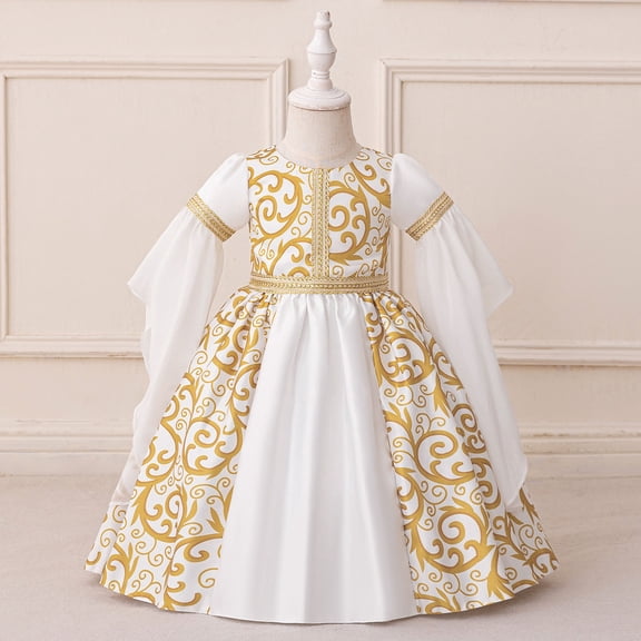 Huowey Toddler Girls Formal Elegant Dresses Long Sleeve Traditional Floral Print Embroidery Color Block Ball Gowns High Waist Pleated Crewneck Tutu Dress Birthday Fashion Clothes,White,18-24 Months