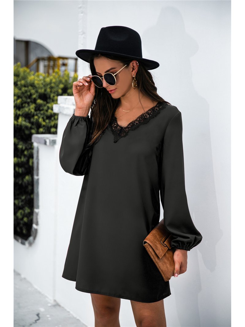 V Neck Lace Trim Bishop Sleeve Shift Dress Above Knee Length - Walmart.com V Neck Lace Trim Bishop Sleeve Shift Dress Above Knee Length - Walmart.com