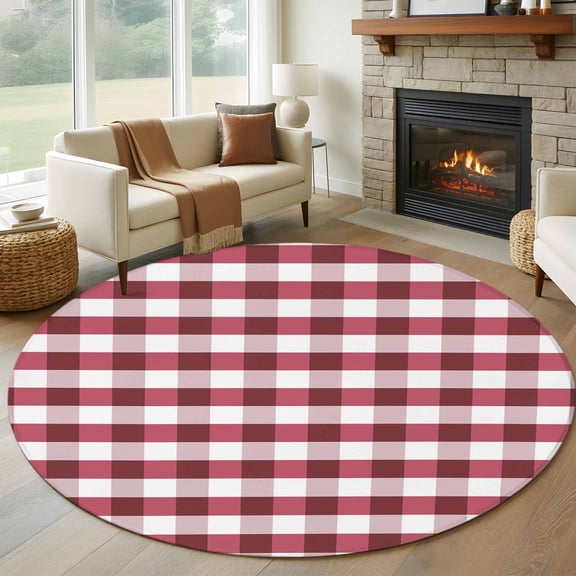 Round Rugs 5Ft, Red Checkered Round Area Rug Washable Indoor Throw Carpet, Farmhouse Red and White Buffalo Plaid Soft Non Slip Circle Rug for Cabinet Bathroom Home Decor Aesthetic
