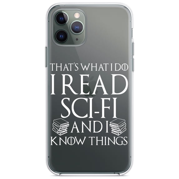 DistinctInk Clear Shockproof Hybrid Case for iPhone 13 (6.1" Screen) - TPU Bumper Acrylic Back Tempered Glass Screen Protector - I Read Sci-Fi and I Know Things