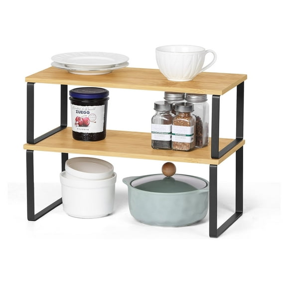 Set of 2 Extra Long Black Bamboo Spice Racks, Expandable Kitchen Countertop Organizer Shelves for Cabinet & Pantry Storage - Space-Saving Design for Seasoning Jars & Bottles