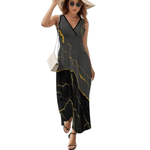 Black Gold Marble Geometry Vestido Sin Mangas Para Mujer, Traje De, Ropa De Cumpleaños, Verano