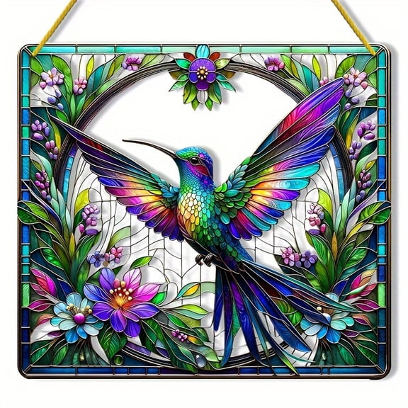 Lrdan Hummingbird Acrylic Window Hanging – Flowers & Green Leaves Stained Art Panel, Indoor Outdoor Garden Decor Ornament, Gift