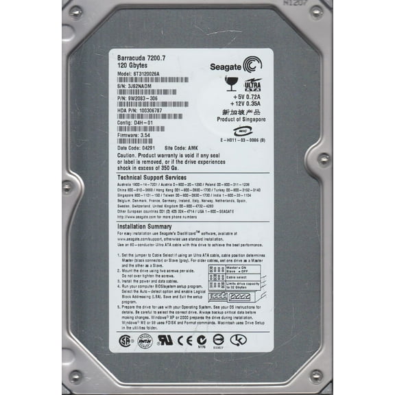 ST3120026A, 3JS, AMK, PN 9W2083-306, FW 3.54, Seagate 120GB IDE 3.5 Hard Drive