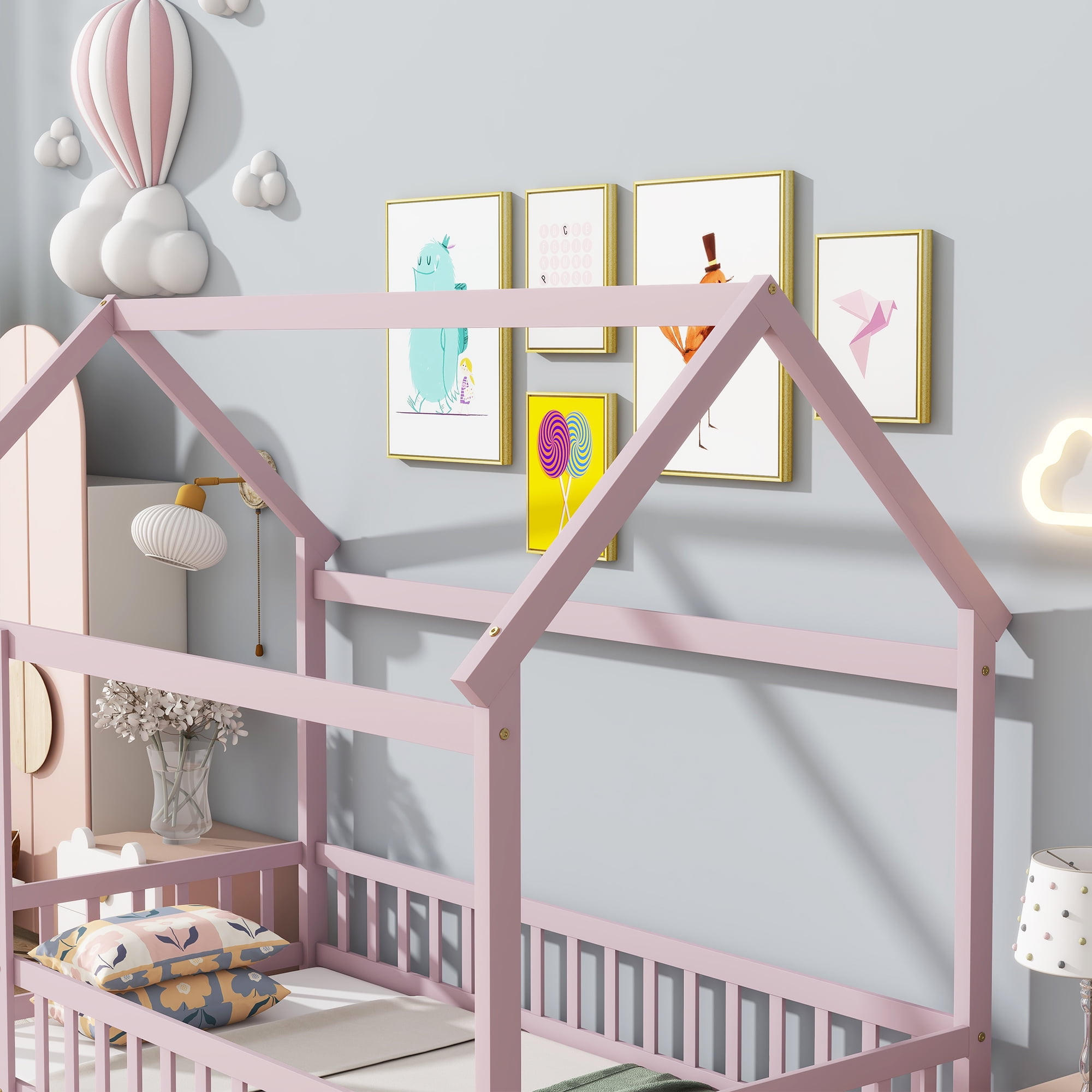 Jopath Twin Size Floor Bed Frame Montessori House Floor Wooden Bed with with Roof Frame,Safety Guardrails for Kids,Boys,Girls Pink