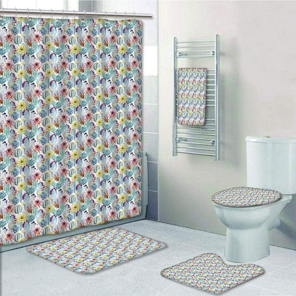 EREHome Cactus Vintage Inspired Watercolor Latin American Foliage Peyote Elements 5 Piece Bathroom Set Shower Curtain Bath Towel Bath Rug Contour Mat and Toilet Lid Cover