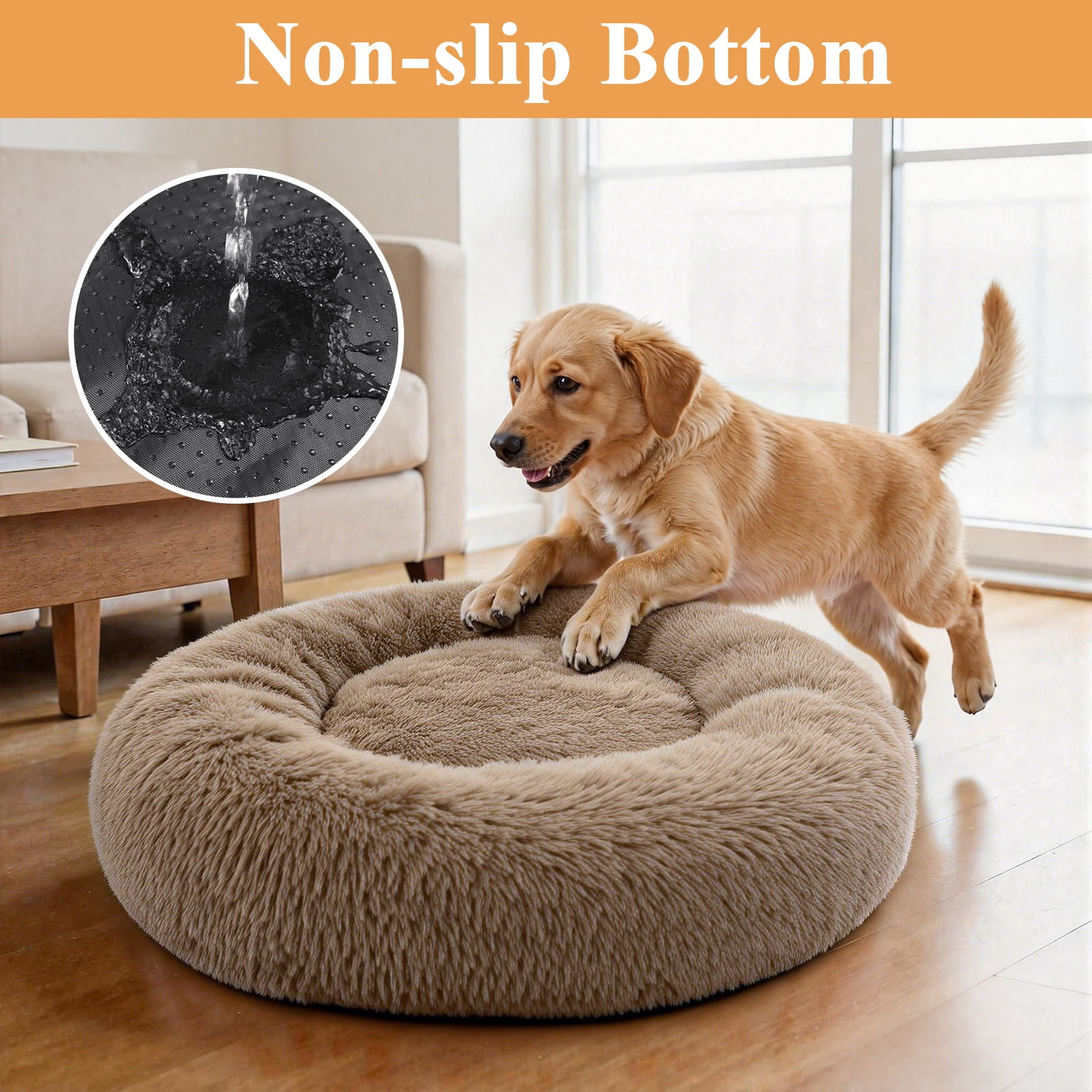 Vaukki 36"Dog Bed with Non Slip Bottom,Soft Warm Faux Fur Pet Bed,Comfortable Donut Round Plush Dog and Cats Beds,Brown