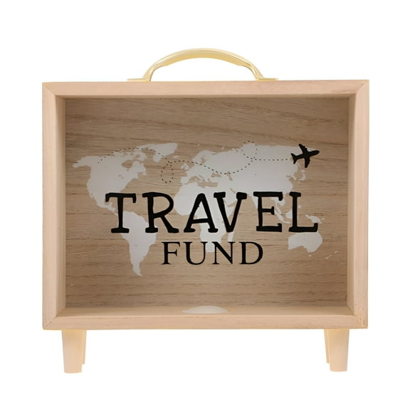 LAMIRO Travel Fund Piggy Bank,Vacation Fund Wooden Shadow Box Travel Savings Piggy Bank Wooden Suitcase Bank Money Jar Desktop Decor for House Warming Retirement Gifts Khaki Money Saving Box